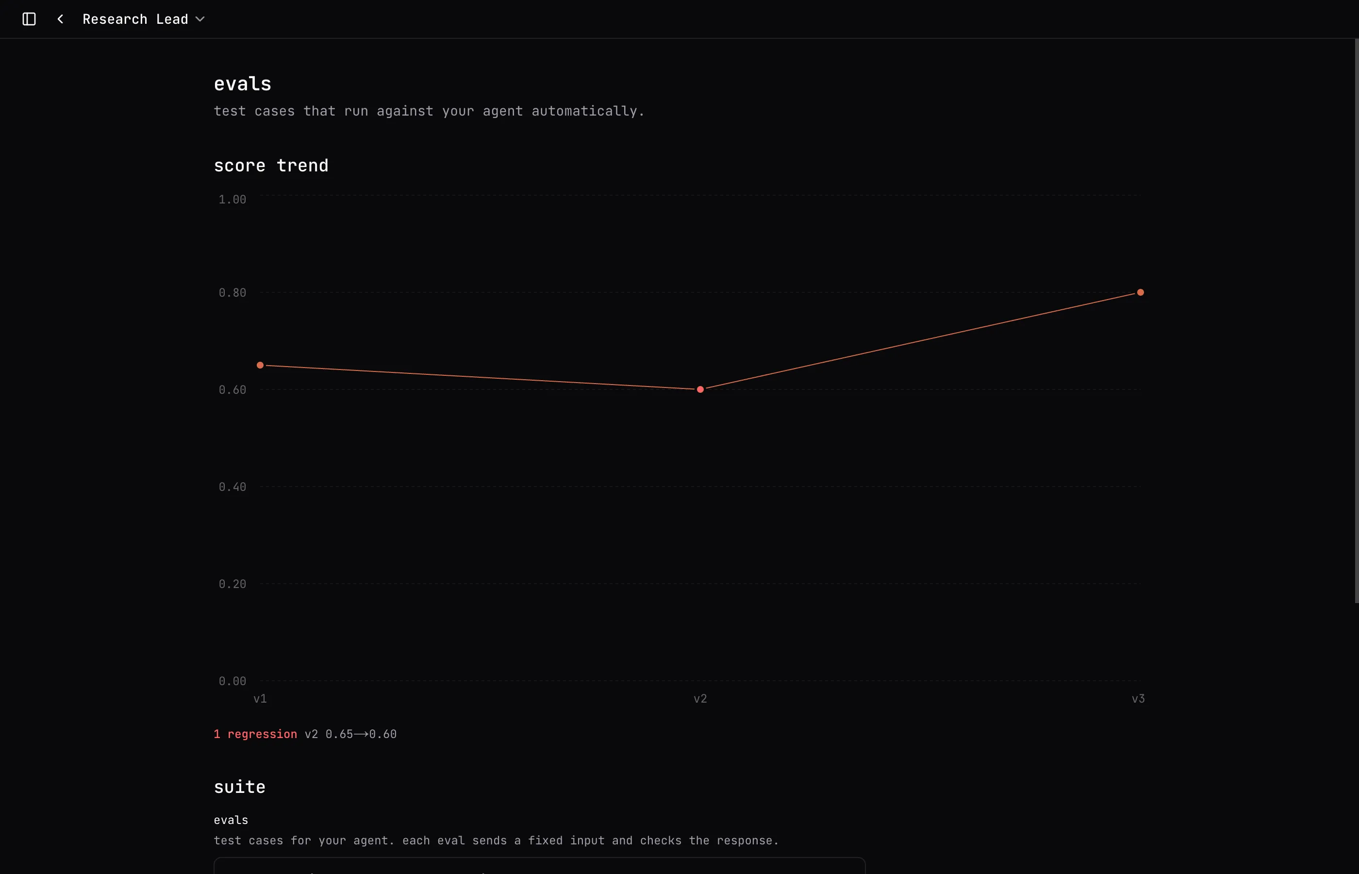 Per-version eval score trend in comal.dev with a regression flagged