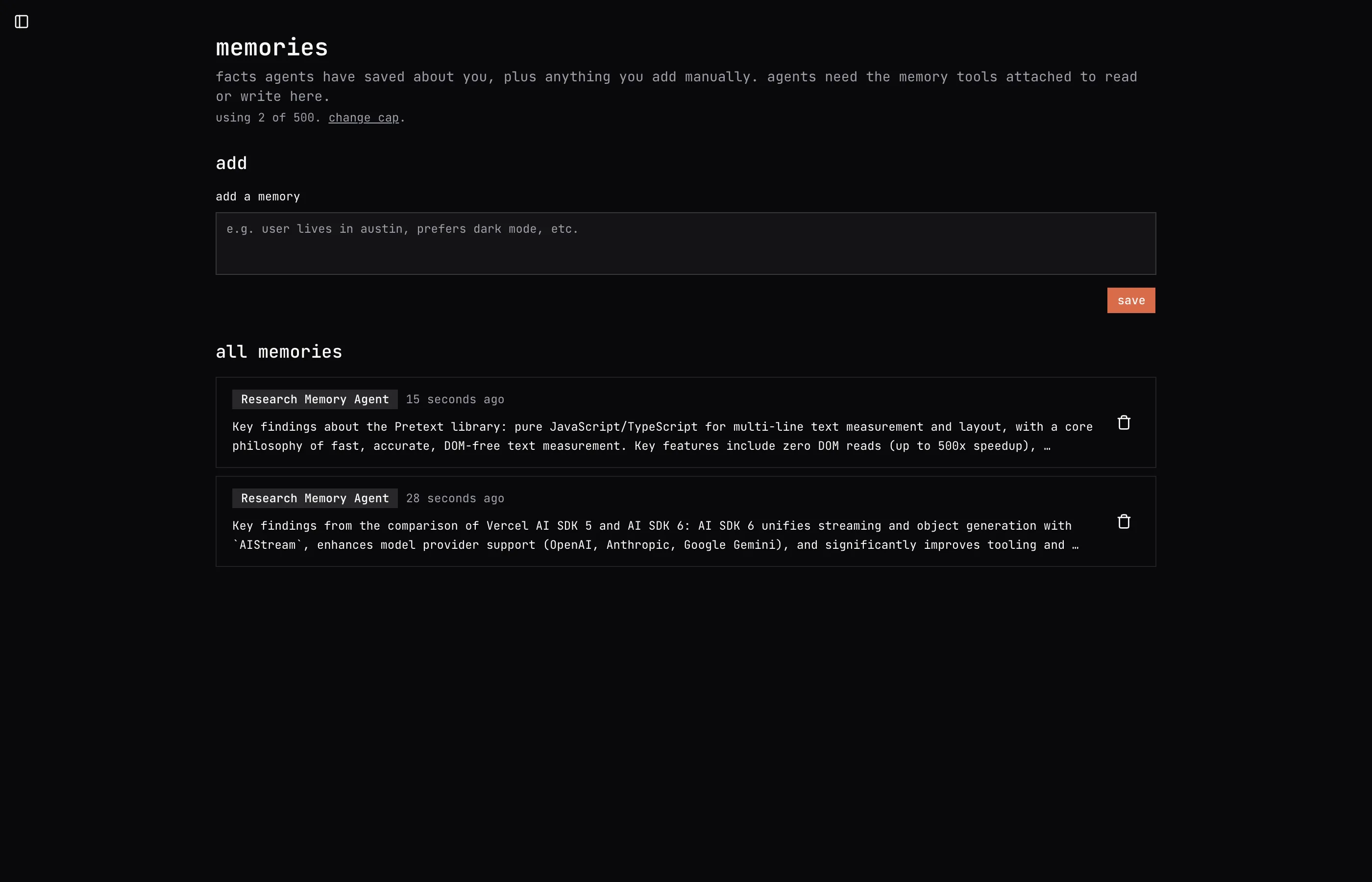 The /memories page in comal.dev: the account-wide memory pool with a source-agent badge on each saved fact