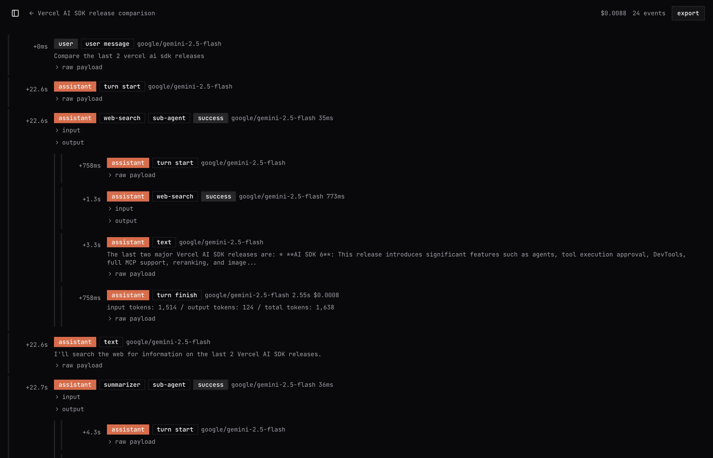 A comal.dev execution trace: per-step timing, tool inputs and outputs, a nested sub-agent, and per-step cost