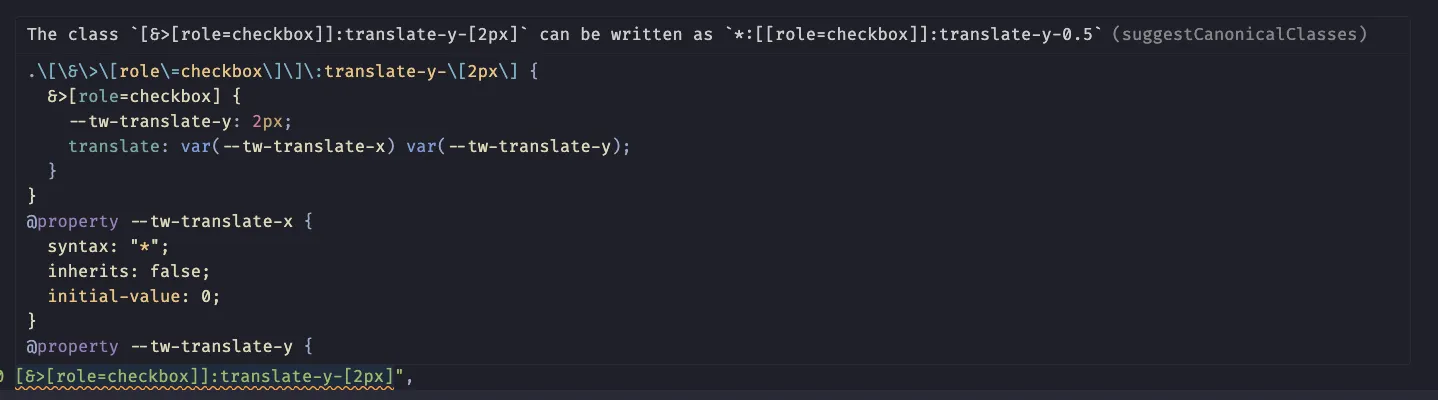 Tailwind IntelliSense suggesting canonical class syntax